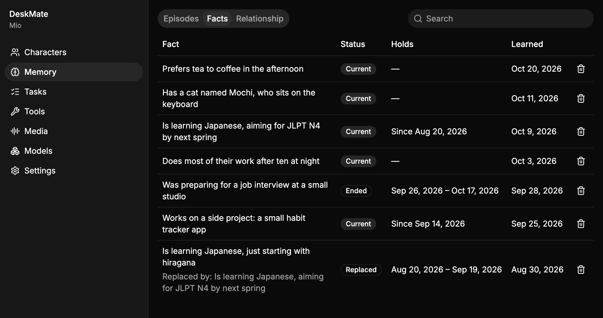 DeskMate’s Memory page, listing facts and episodes.