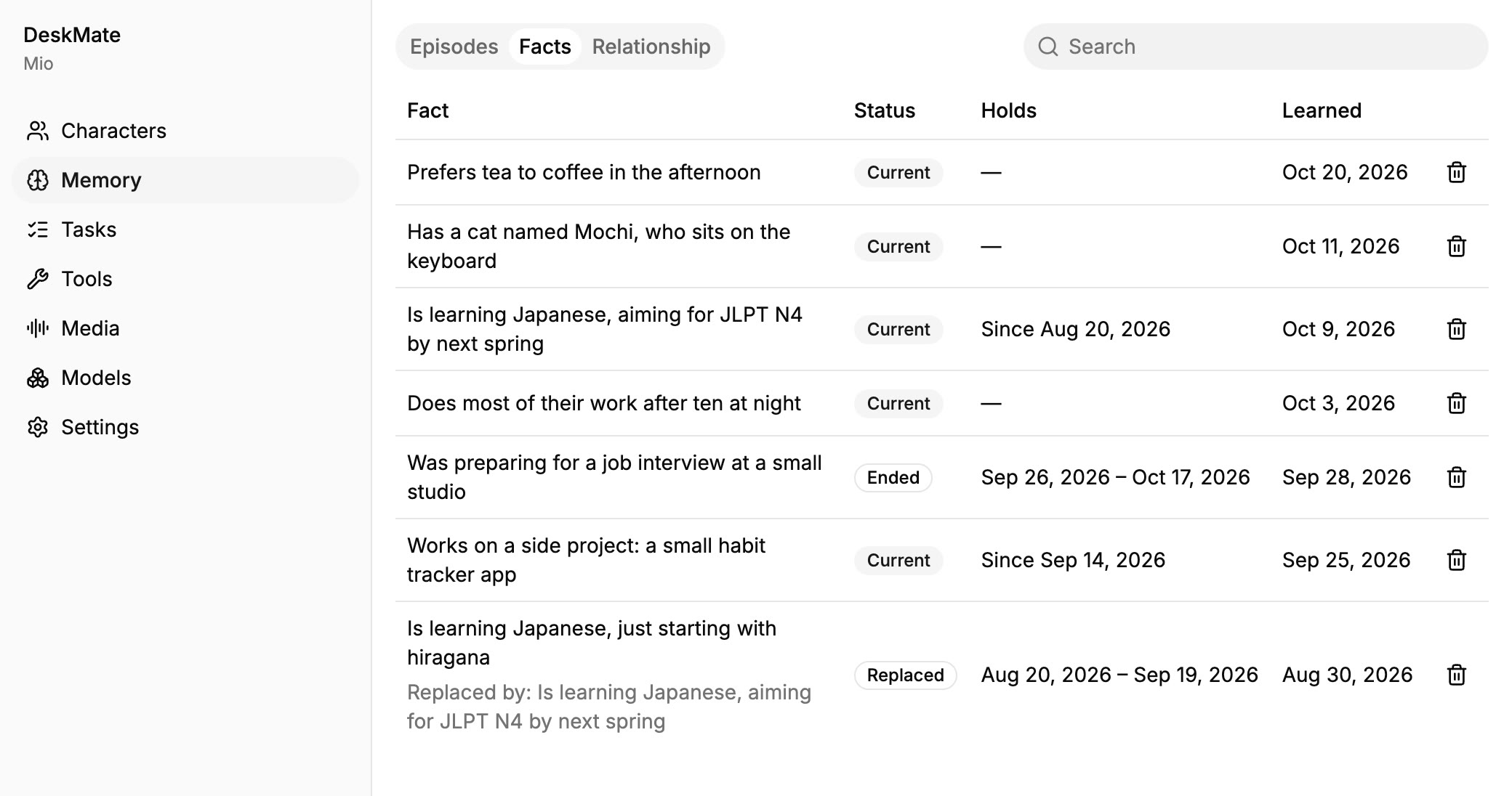 DeskMate’s Memory page, listing facts and episodes.