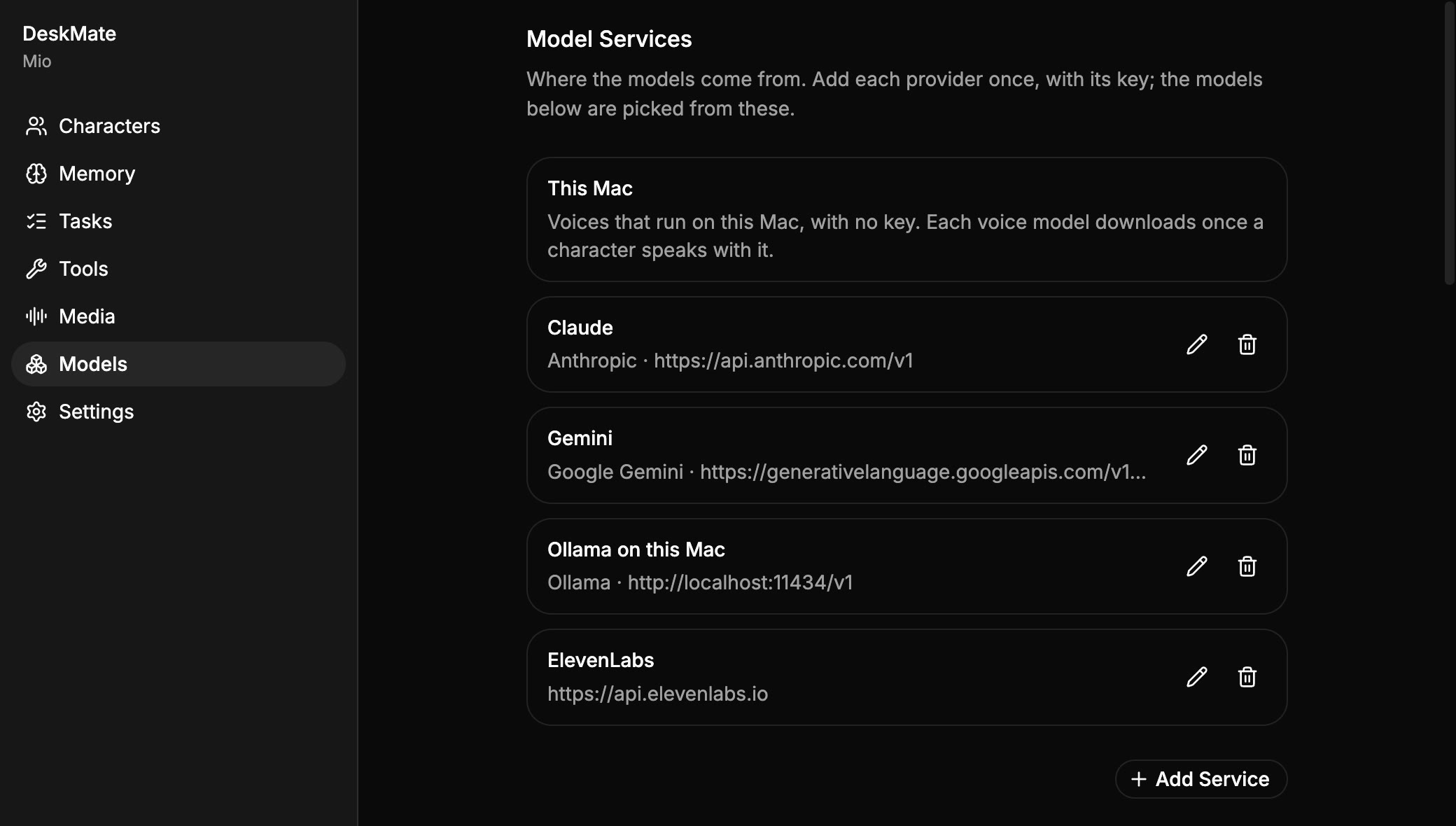 DeskMate’s Models page with model services.