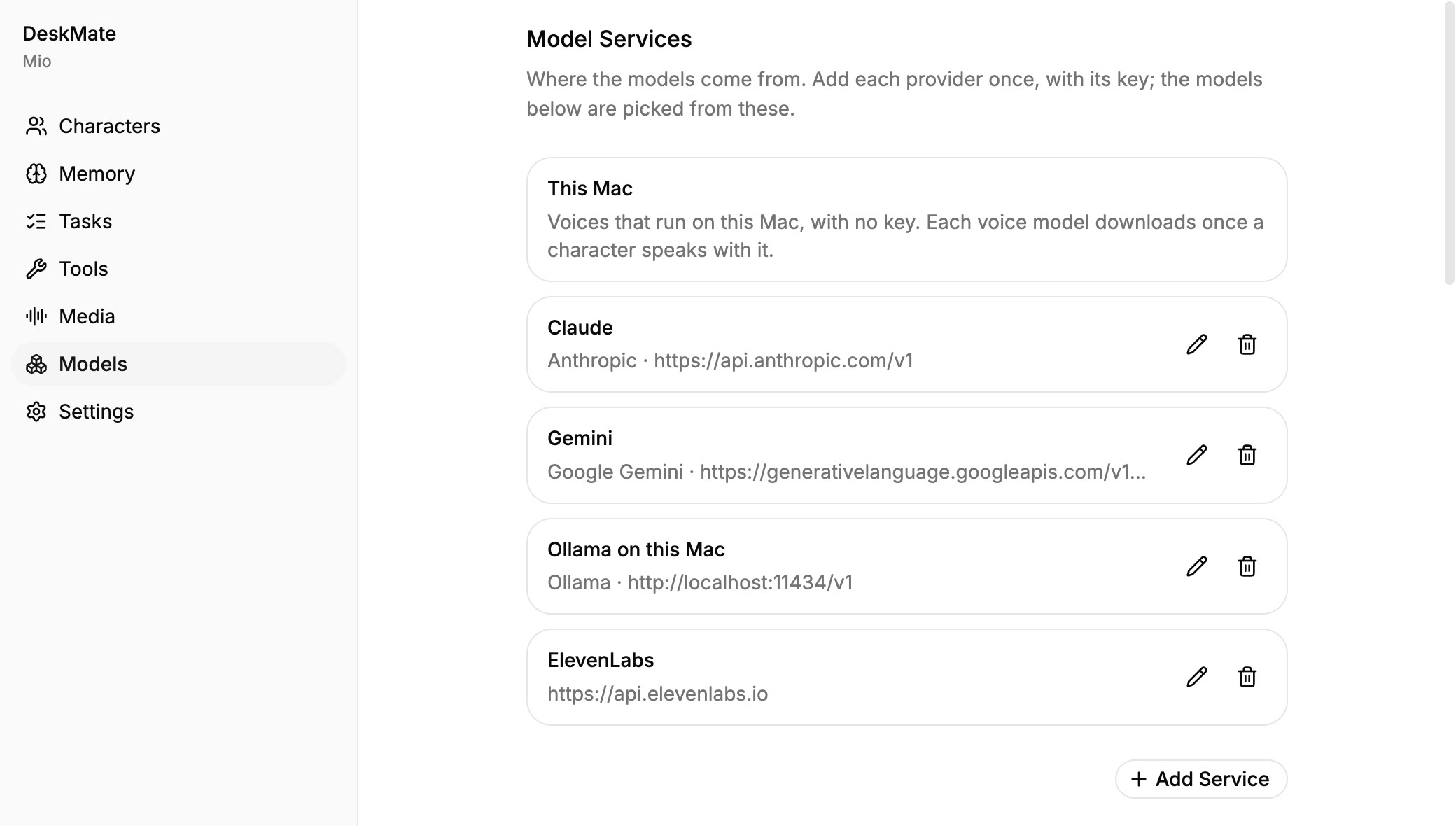DeskMate’s Models page with model services.