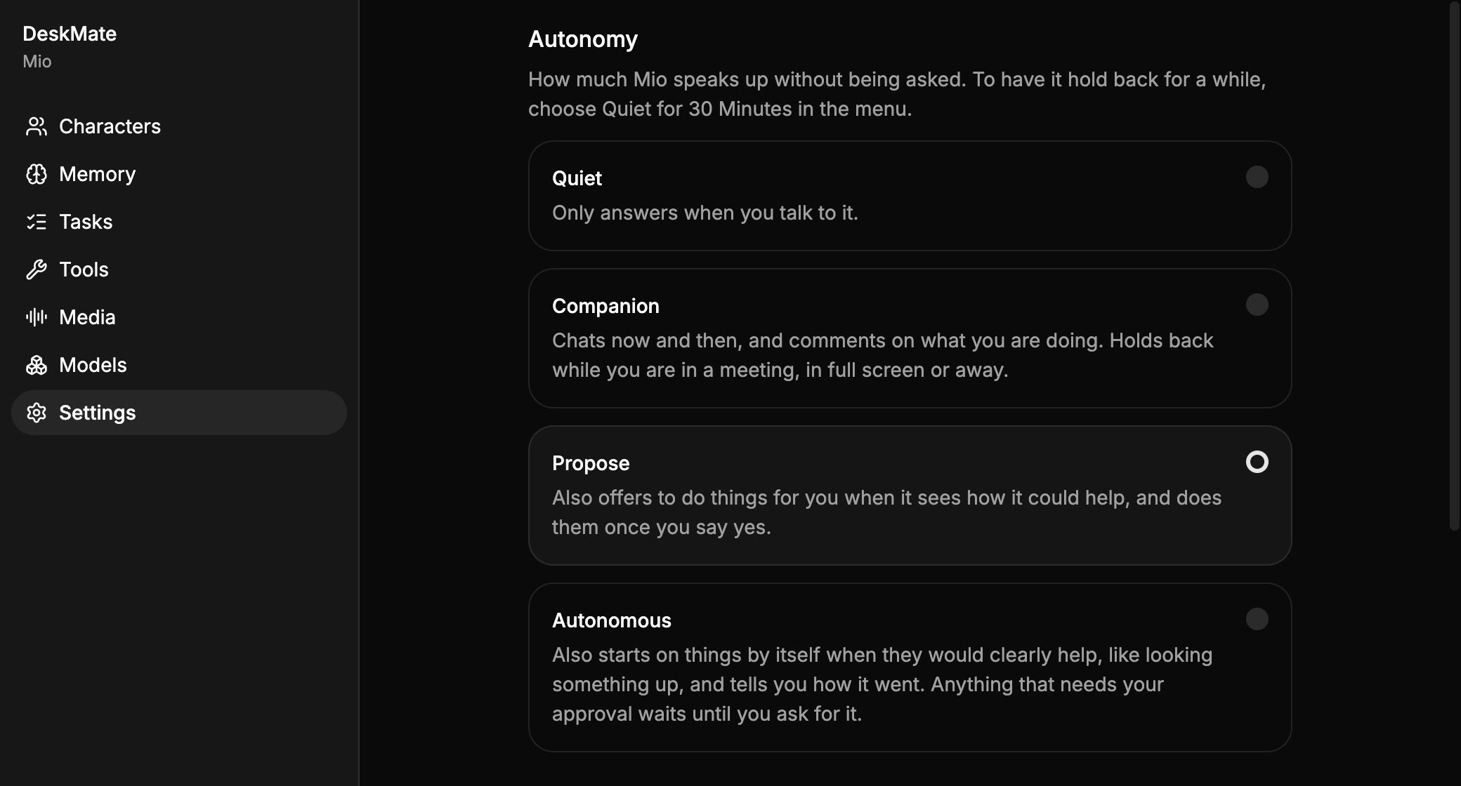 DeskMate’s Autonomy settings page.