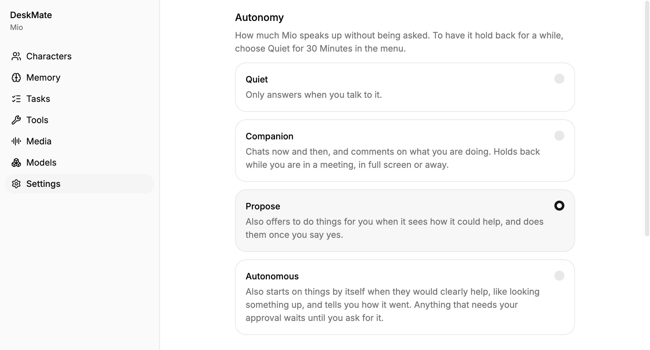 DeskMate’s Autonomy settings page.
