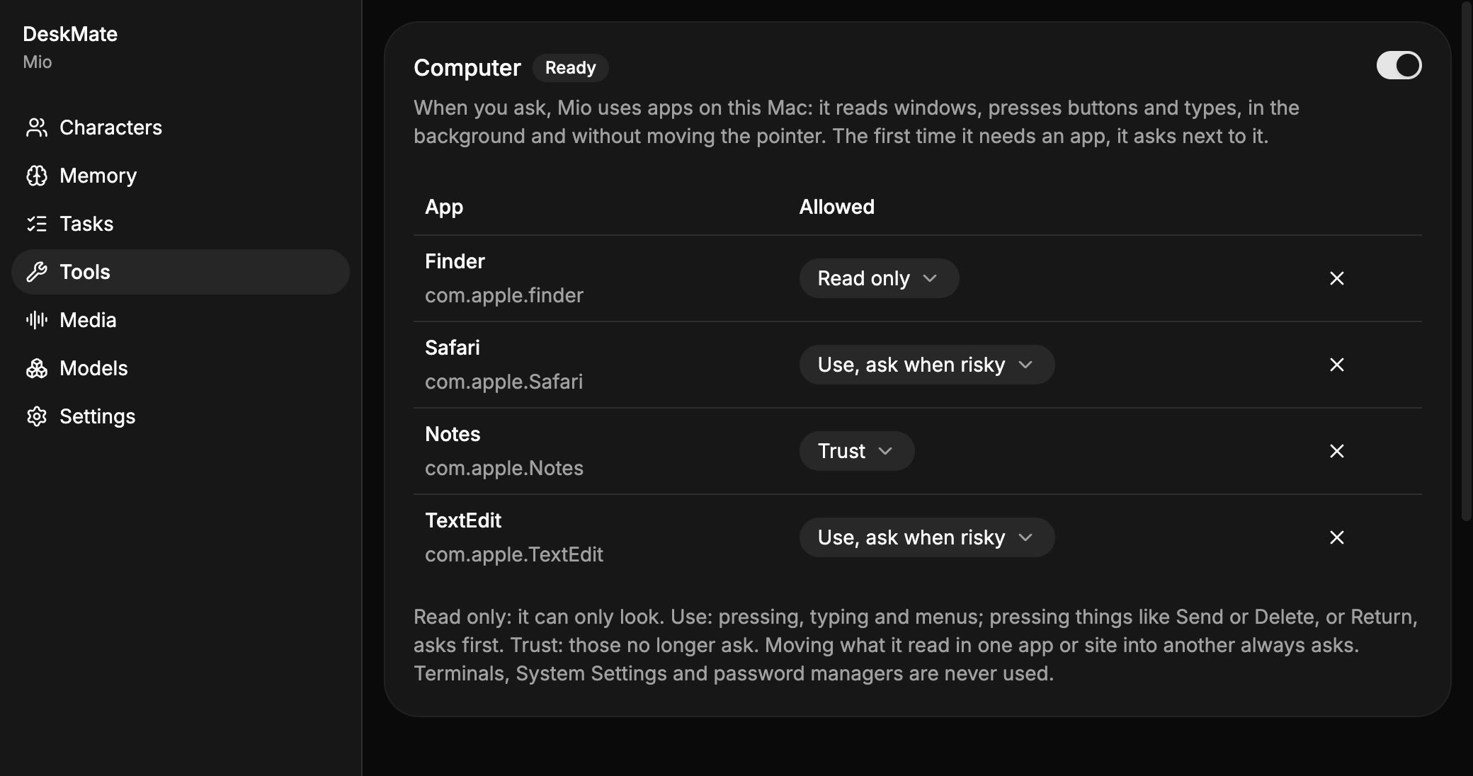 DeskMate’s page for what each app is allowed to do.