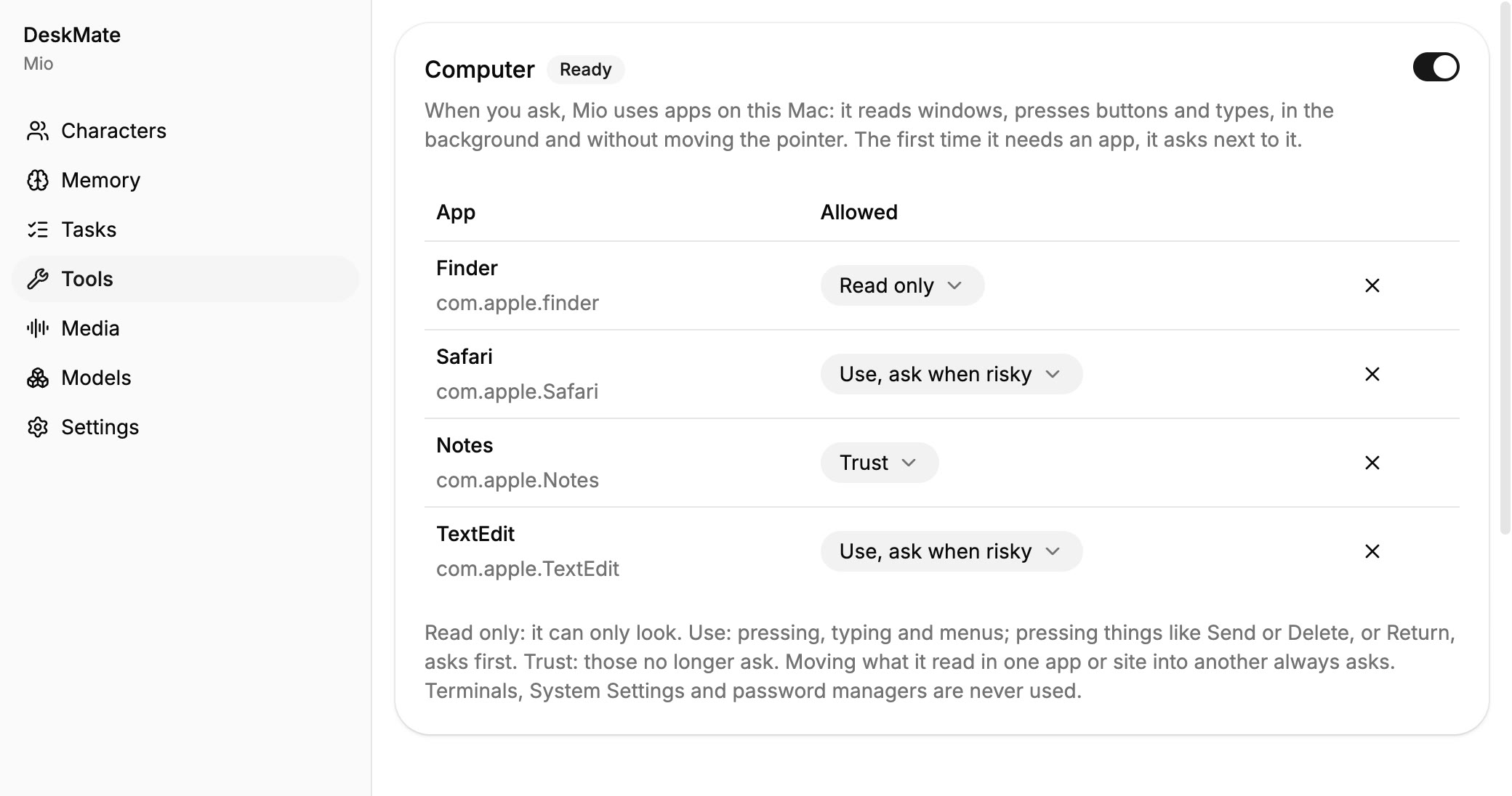 DeskMate’s page for what each app is allowed to do.